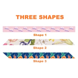 Three patterned ribbons in various designs, showcasing floral and fruit motifs in pink, cream, and blue colours.