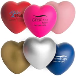 A collection of heart-shaped stress relievers in red, pink, silver, gold, and blue, featuring various logos.