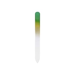 A gradient coloured glass nail file featuring green and yellow hues, transitioning to clear at the end.