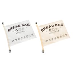 A reusable linen bread bag in cream and white, featuring a logo and various icons related to bread storage.