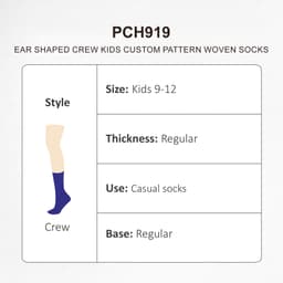 A pair of ear-shaped crew socks for kids, featuring a custom pattern in purple, labelled with style and size information.