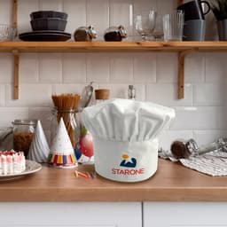 A white chef hat with a logo on a kitchen countertop, surrounded by kitchenware and decorations.