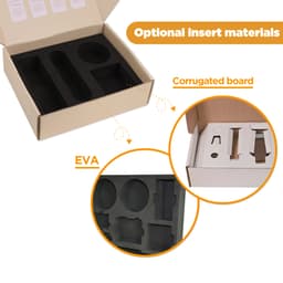 A subscription box with a brown exterior, featuring black EVA and corrugated board inserts for product organisation.