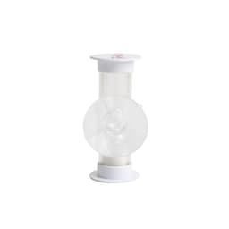 A white three-minute sand timer with a clear body and rounded ends, featuring a small logo on top.