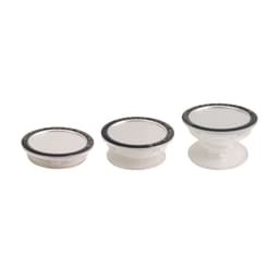 Three custom-shaped mirror phone pop holders in clear plastic with black trim. Each holder varies in size.
