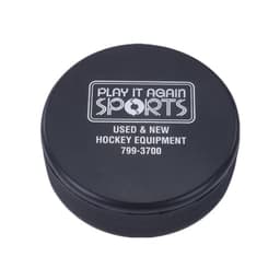 A black hockey puck shaped stress reliever featuring a logo on the top.