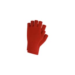 A pair of red knitted fingerless gloves with a ribbed cuff and a woven label.