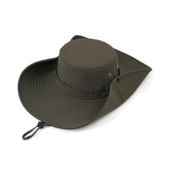 A wide-brim sun hat in olive green, featuring a round crown and adjustable cord, ideal for outdoor wear.
