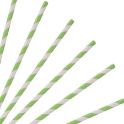 A group of green and white striped 3-ply disposable paper drinking straws with a smooth finish.