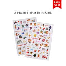 Two pages of colourful stickers featuring various seasonal and holiday themes, along with a logo.