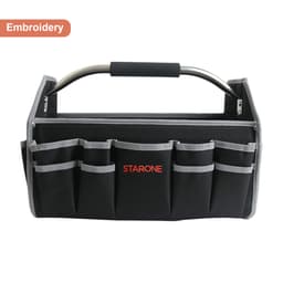 A black tool carrier bag with multiple pockets and a silver handle, featuring a logo on the front.