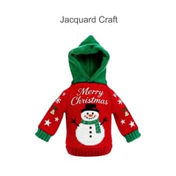 A drink bottle cover in red and green, featuring a snowman design and a hood. It has a logo on it.