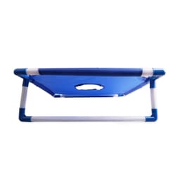 A portable cornhole game board in blue and white with a handle for easy transport. It features a sturdy frame.