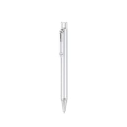 A silver pen with a sleek design and a clip, featuring a brand logo.