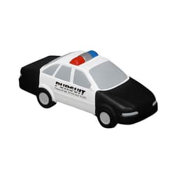 A black and white police car-shaped stress reliever with a roof light. Features a logo on the side.