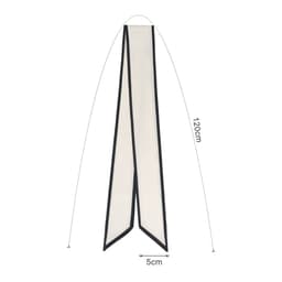 A narrow twill weave scarf in cream and black, measuring 120cm by 5cm, featuring a logo.