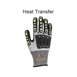 A pair of heavy-duty safety work gloves in grey and black, featuring reinforced thumb web and protective padding.