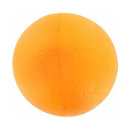 An orange stress ball shaped like an orange, featuring a textured surface and a small seam.