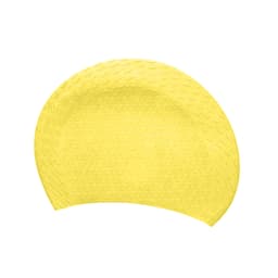A yellow silicone swimming cap with a textured surface, featuring a logo.