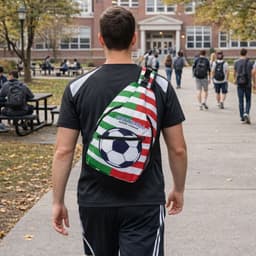 A full colour crossbody bag with a football design, worn over one shoulder by a person on campus.