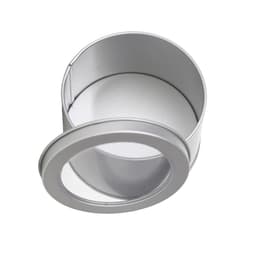 A medium silver tin can with a transparent window, featuring a removable lid. Ideal for packaging.