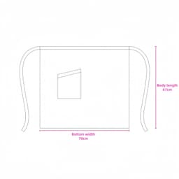A half apron design in white with a front pocket, featuring measurements for width and length.