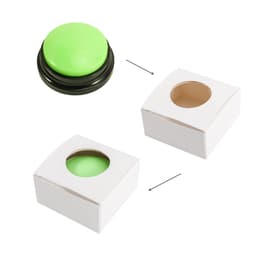 A green voice recording button on a black base, positioned above two white boxes with circular cut-outs.