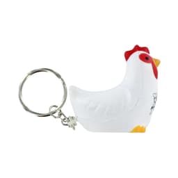 A white rooster stress reliever keyring with a red comb and yellow beak, attached to a silver keychain.
