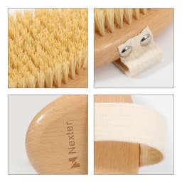 A sisal wooden brush with a natural bristle head and a cream-coloured fabric strap, featuring a wooden handle and branding.