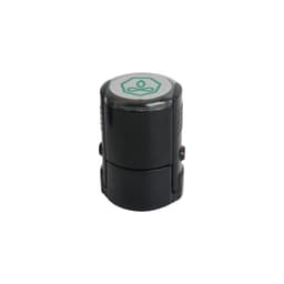 A black custom self-inking stamp with a green logo on the top.