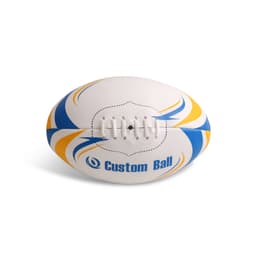 A training AFL ball in white with blue and yellow accents, featuring a branding logo.
