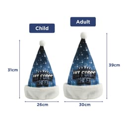 A festive Santa hat in blue with a white trim and pom-pom, available in child and adult sizes.