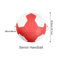 A red and white machine-stitched microfiber PU handball with hexagonal panels, featuring a logo. Dimensions indicated.