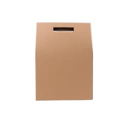 A portable wine box made of brown cardboard with a handle, designed to hold three bottles.