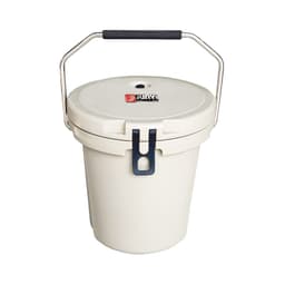 A 15L ice bucket in cream with a black handle and a lid, featuring a logo.