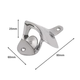A drink bottle opener in shiny silver metal, featuring a wall mount design with dimensions indicated.