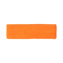 An orange headband made of textured fabric, featuring a branding logo.