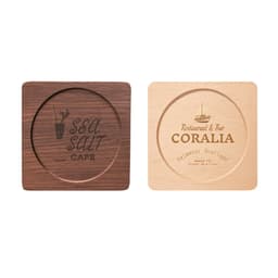 A wooden coaster set featuring a square shape with a circular center, in dark and light wood finishes.