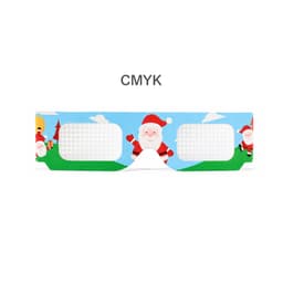 Colourful paper diffraction glasses featuring a festive design with Santa Claus and a landscape. 