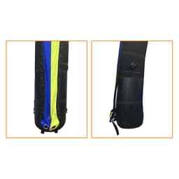 A black and yellow inflatable marquee with zippers and a valve for inflation or deflation.
