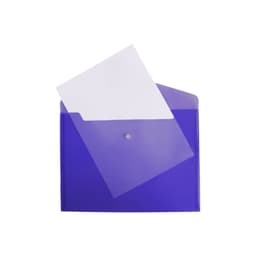 A4 clear file envelope in purple, containing a sheet of paper partially inserted, featuring a button closure.