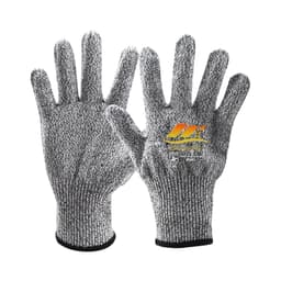 Cut resistant gloves in grey with a textured finish and a small logo on one glove.