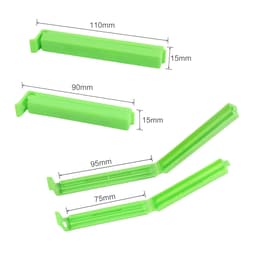 A green medium food bag seal clip in various positions, showcasing its adjustable lengths and design features.