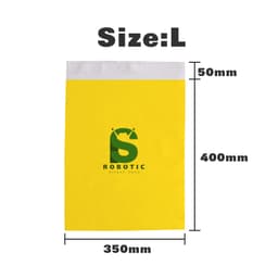 A large yellow biodegradable mailer bag with measurements displayed, featuring a logo.