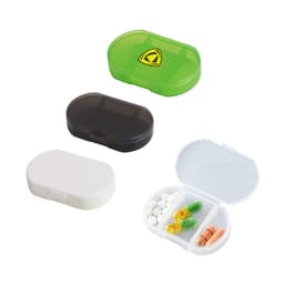 Three pill boxes in green, black, and white, featuring a logo and compartments for storing various pills.
