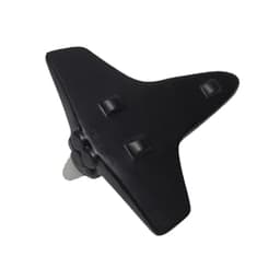 A black shuttle-shaped stress reliever with three raised buttons and a round base. It features a logo.