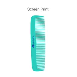 A custom blended tooth comb in teal with a logo, featuring a smooth and fine-toothed design.