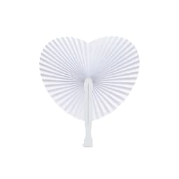 A white heart-shaped paper fan with a folded design and a plastic handle, featuring a simple, elegant style.