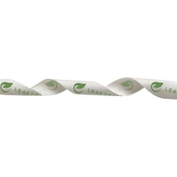A rolled ribbon in white satin polyester with a green logo and text printed on it.
