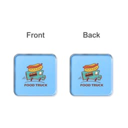 A blue acrylic coaster with a food truck illustration on the front and a plain back, featuring a logo.